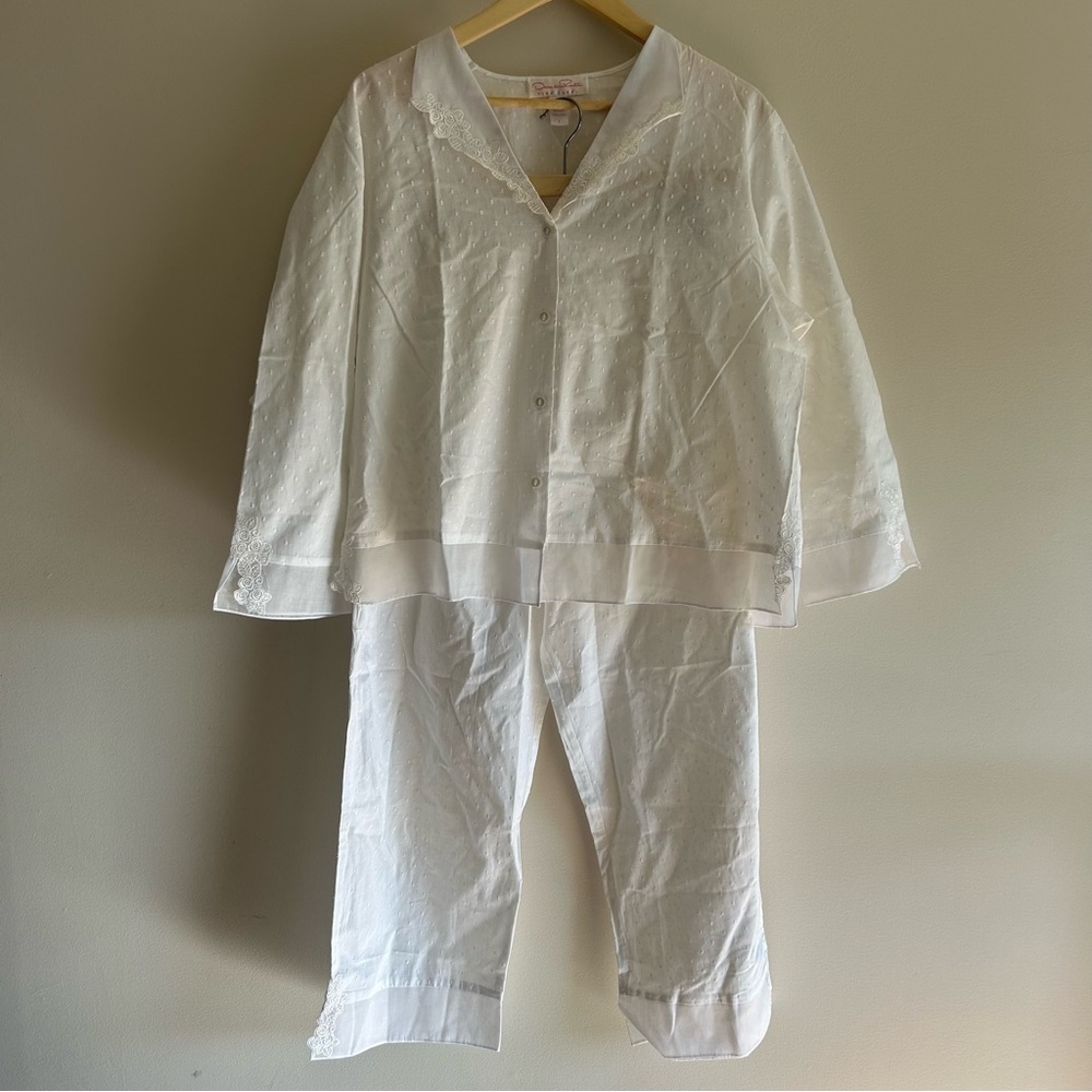 Vintage Oscar De La Renta Pink Label White Cotton Pajamas Set
